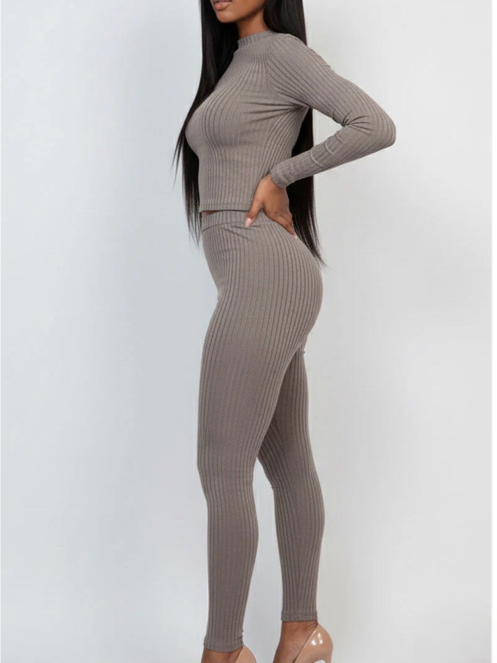 NWT Capella Ribbed Knit High-Waist Leggings and Mock neck Top Set - Taupe